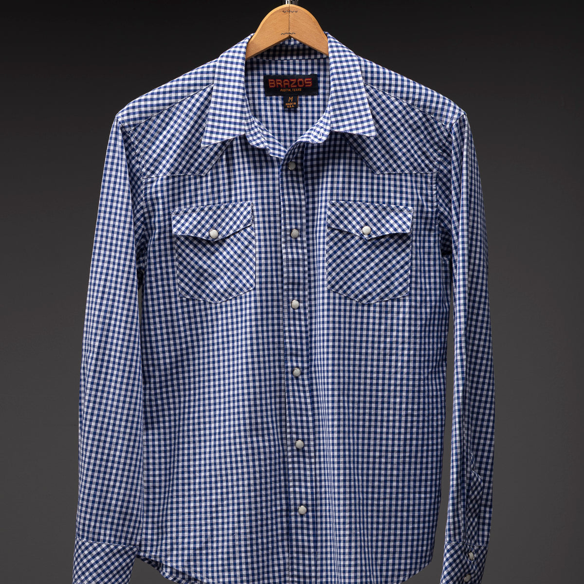 Blue Gingham pearl snap shirt on hanger, front - Brazos Fine Shirts