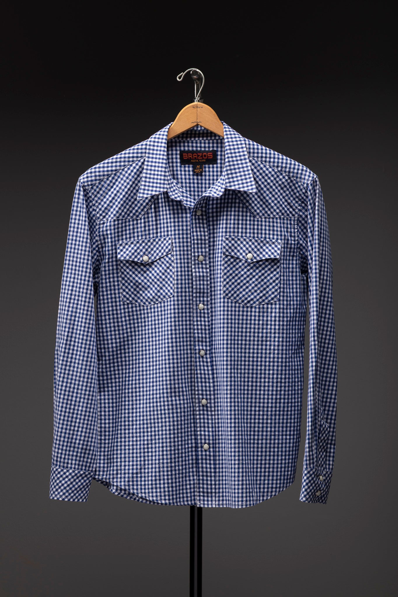 Blue Gingham pearl snap shirt on hanger, front - Brazos Fine Shirts