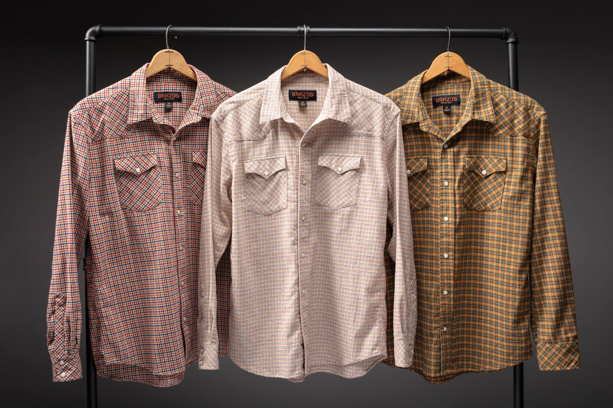 Blanco, Golden Hobo and Shady Grove flannels on wooden hangers